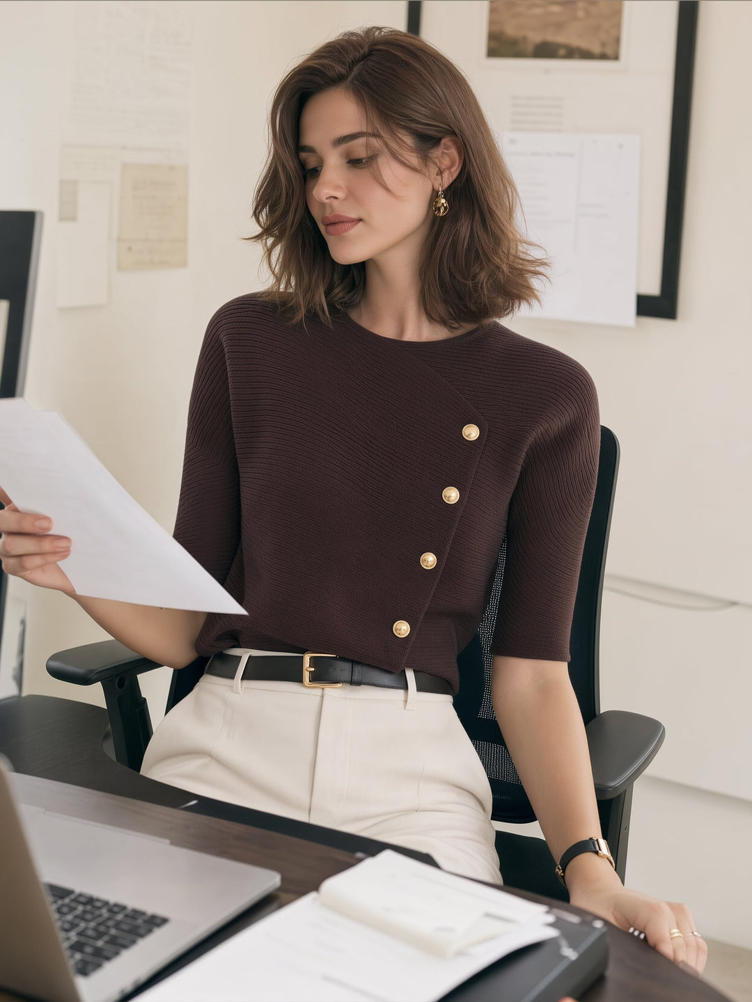 Asymmetric Button-Accent Ribbed Knit Top