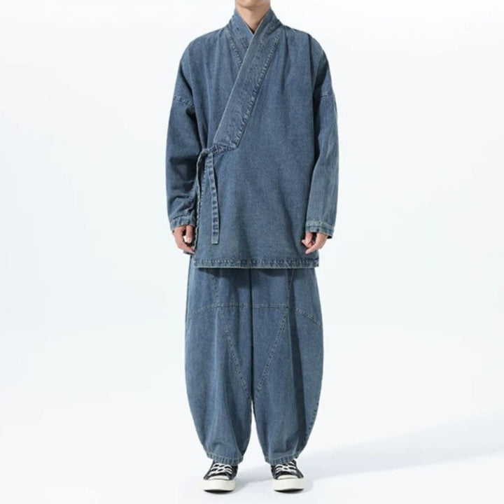 Vintage Washed Denim Cross Front Kimono Coat