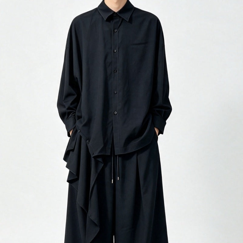 Japanese Draped Asymmetric Hem Long Sleeve Shirt Wide-leg Pants Two-piece Set
