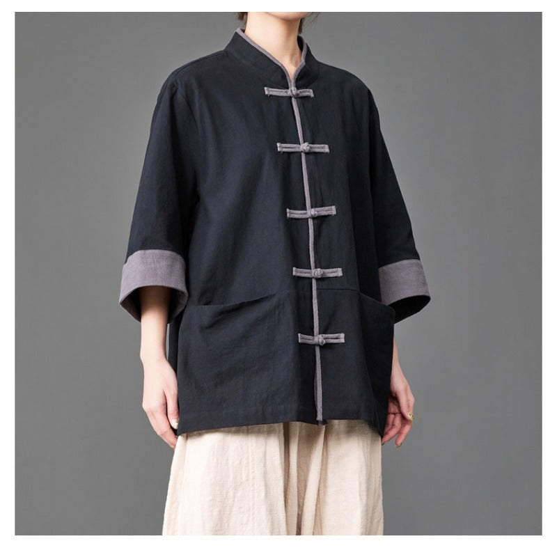 Cotton Linen Three Quarter Sleeve Frog Button Taichi Shirt