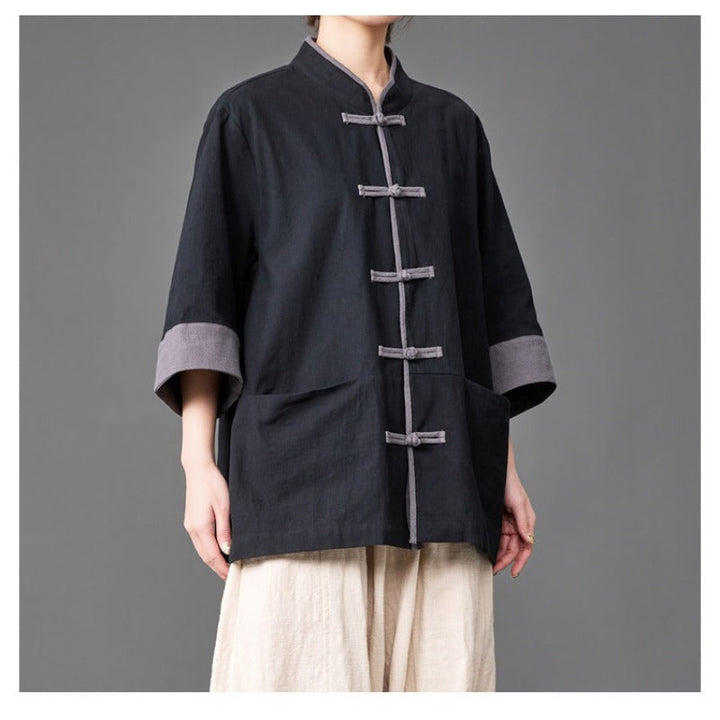Cotton Linen Three Quarter Sleeve Frog Button Taichi Shirt