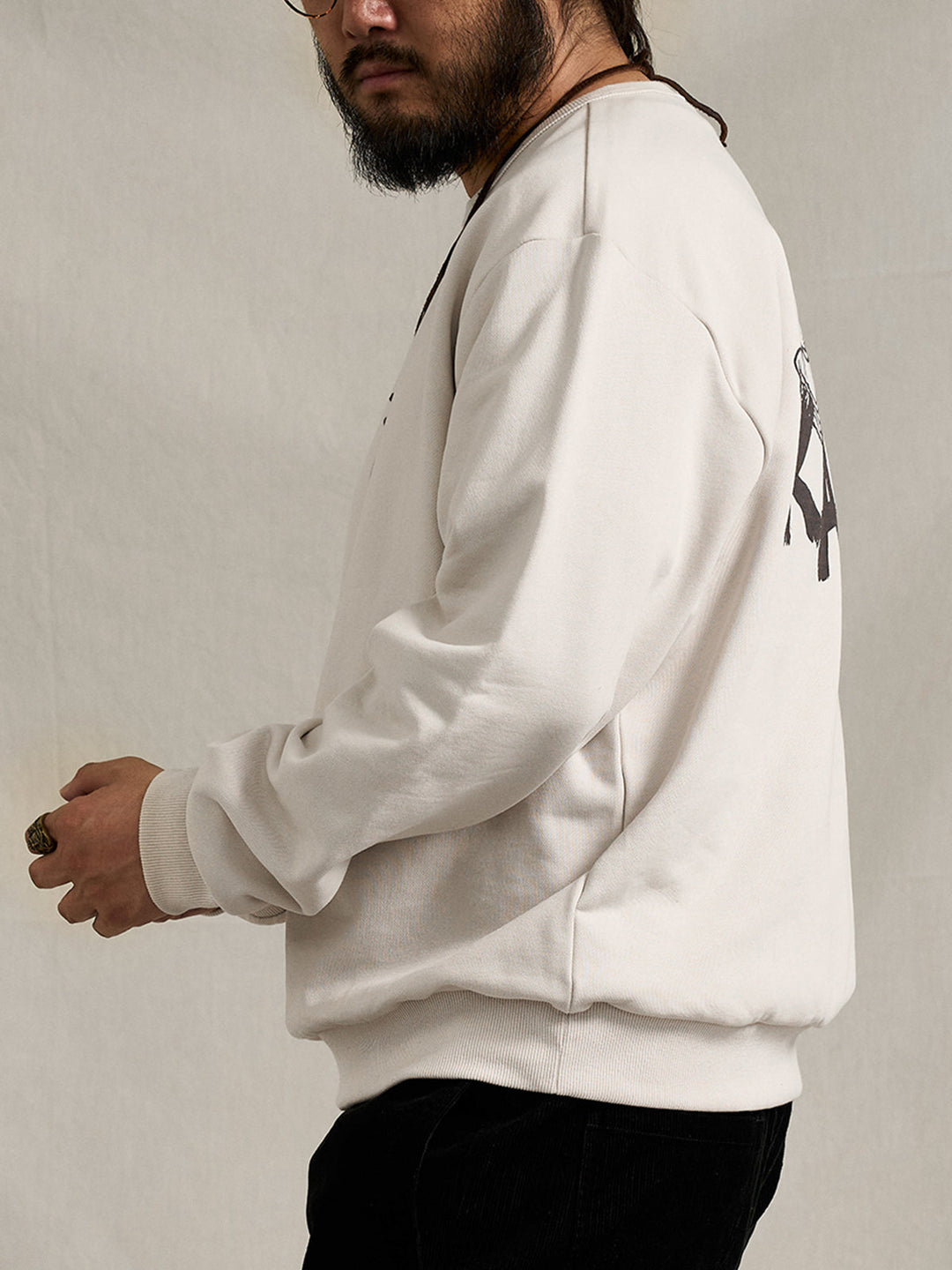 "Skeleton-Visible Cat" Print Back-Pile Cotton V-Gusset Sweatshirt