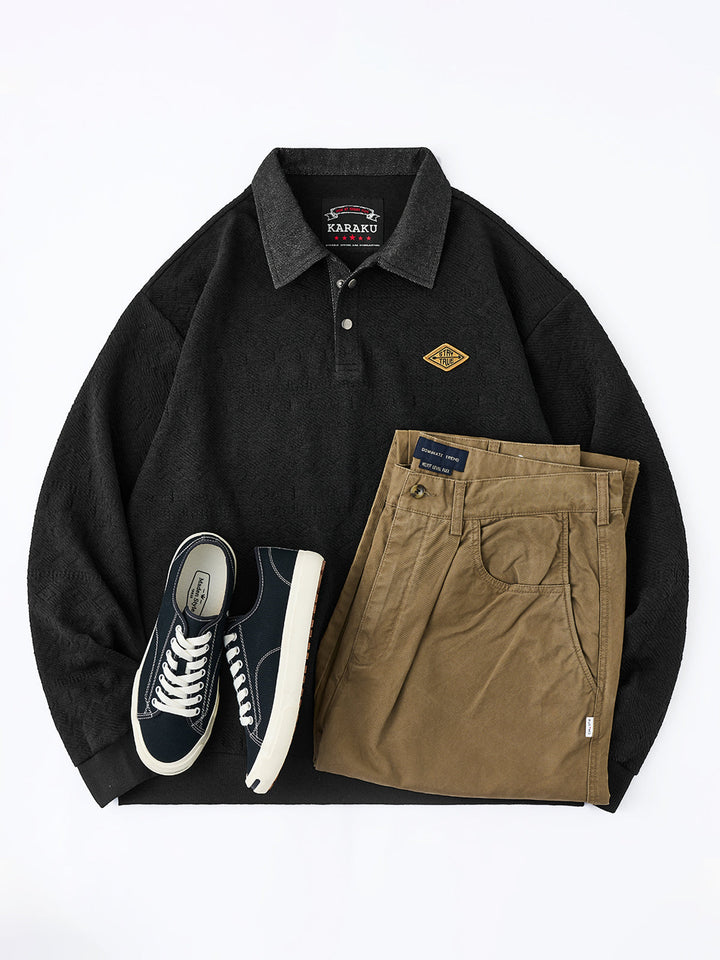 [Pre-Order] Ethnic Jacquard Half-Button Pullover Sweatshirt with Contrast Collar