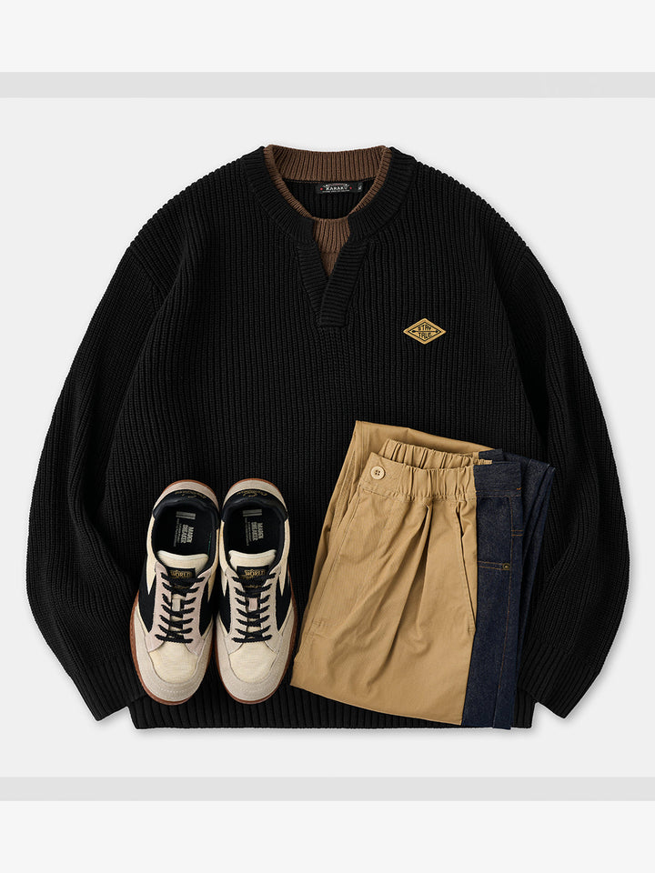 "STAY TRUE" Color-Block Layered Knit Sweater