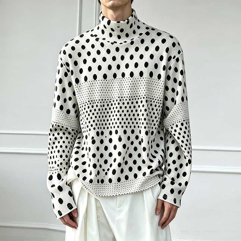 Ink-wash Polka Dot Turtleneck Pleated Base Layer Top