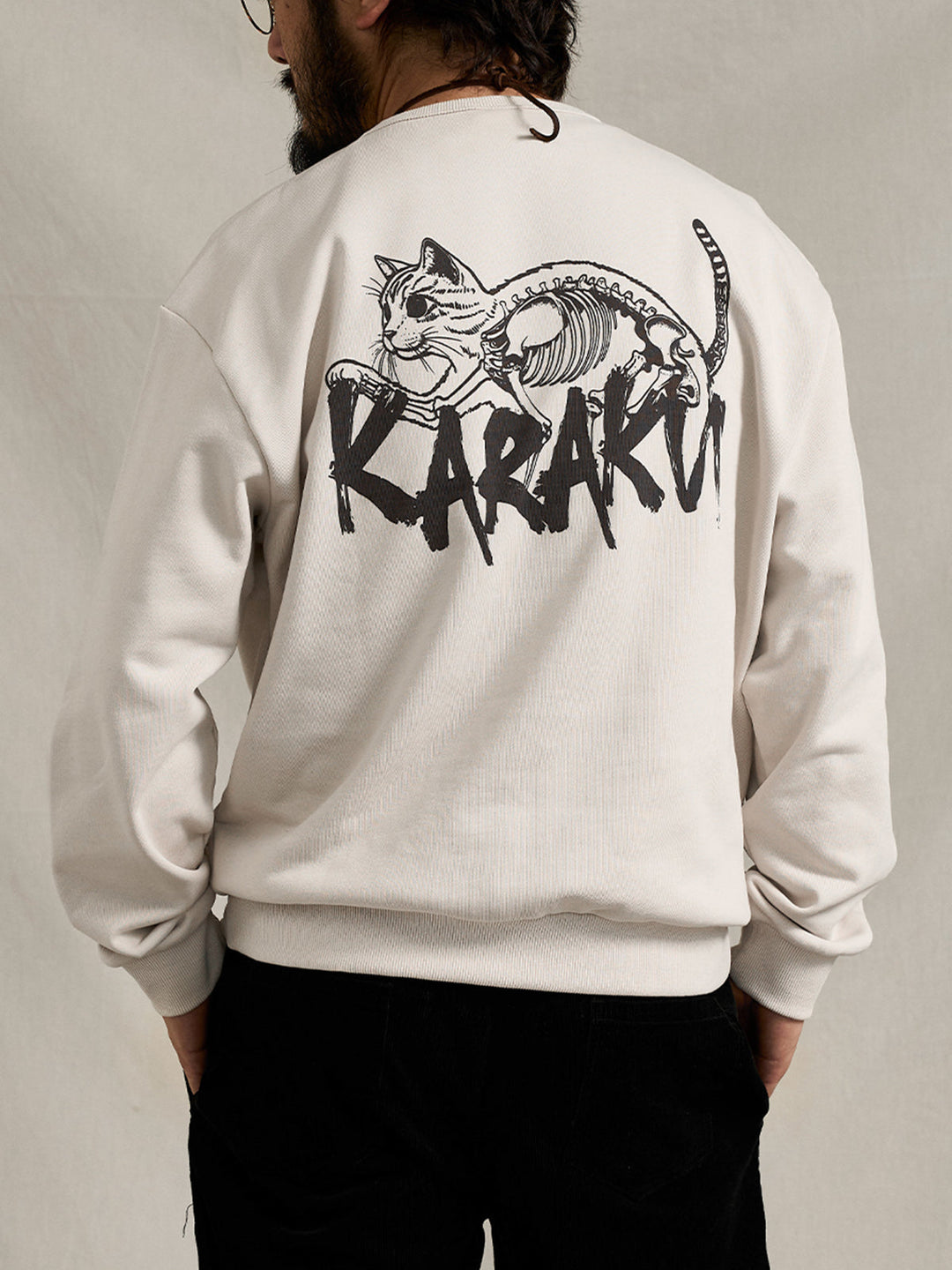"Skeleton-Visible Cat" Print Back-Pile Cotton V-Gusset Sweatshirt