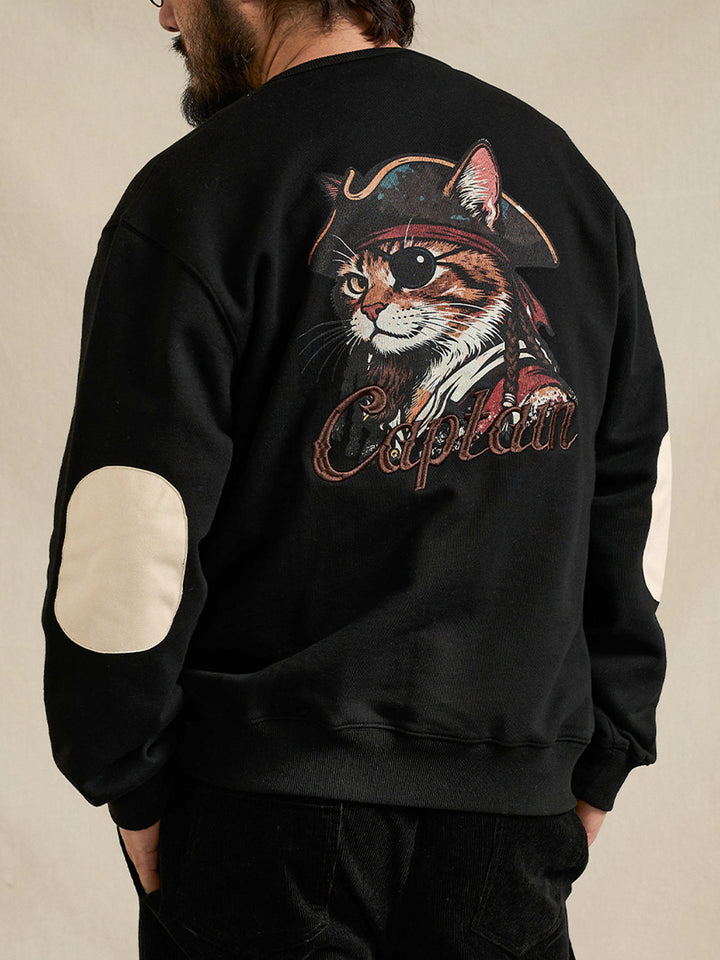“Pirate Captain Cat” Elbow-Patch Pullover Sweatshirt