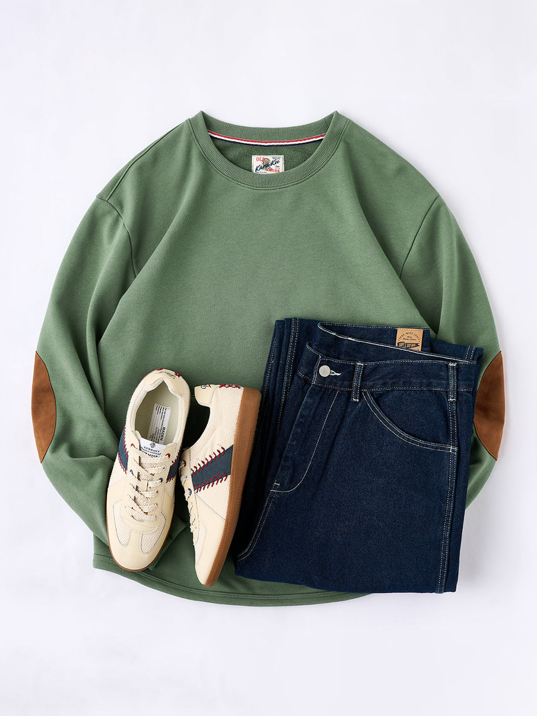 Heavyweight Crewneck Sweatshirt with Suede Elbow Patches and Loop-Back Lining