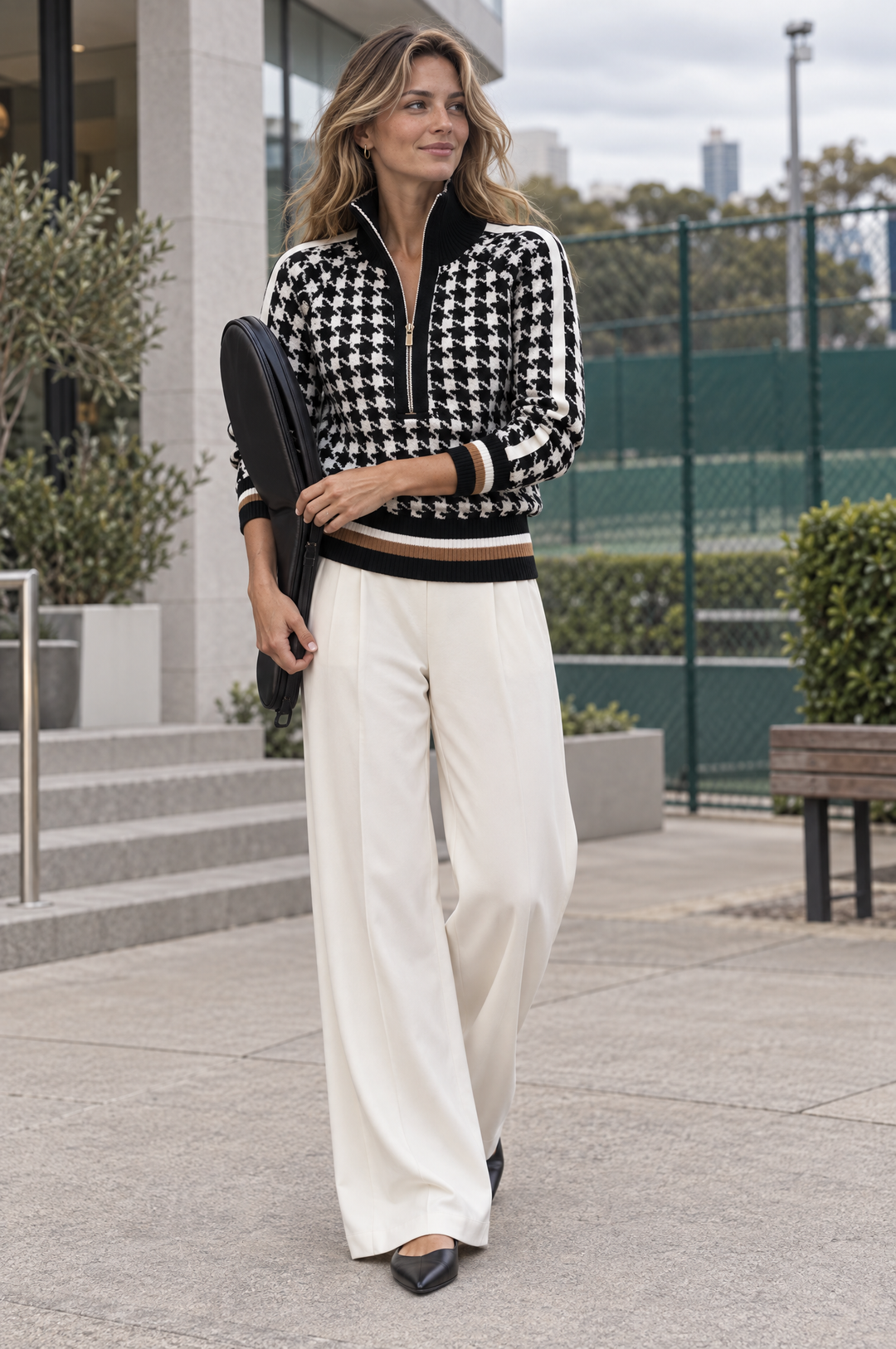 Houndstooth Quarter-Zip Knit Sweater