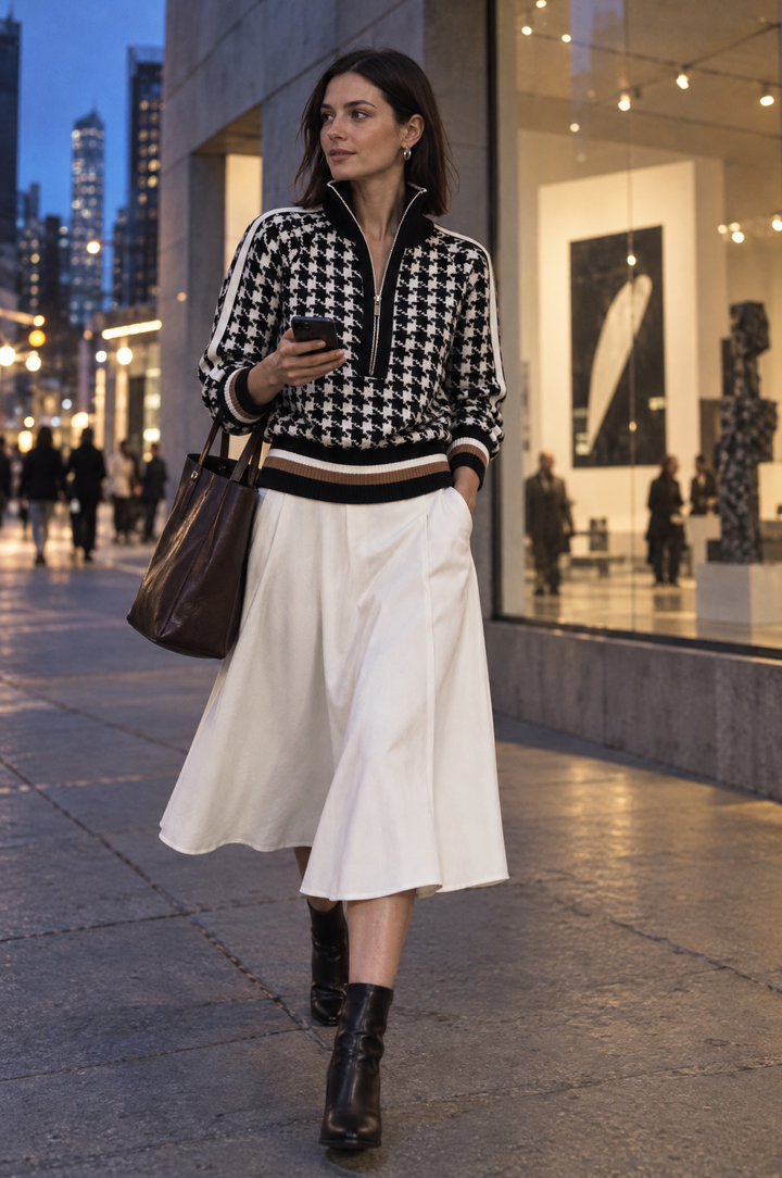 Houndstooth Quarter-Zip Knit Sweater