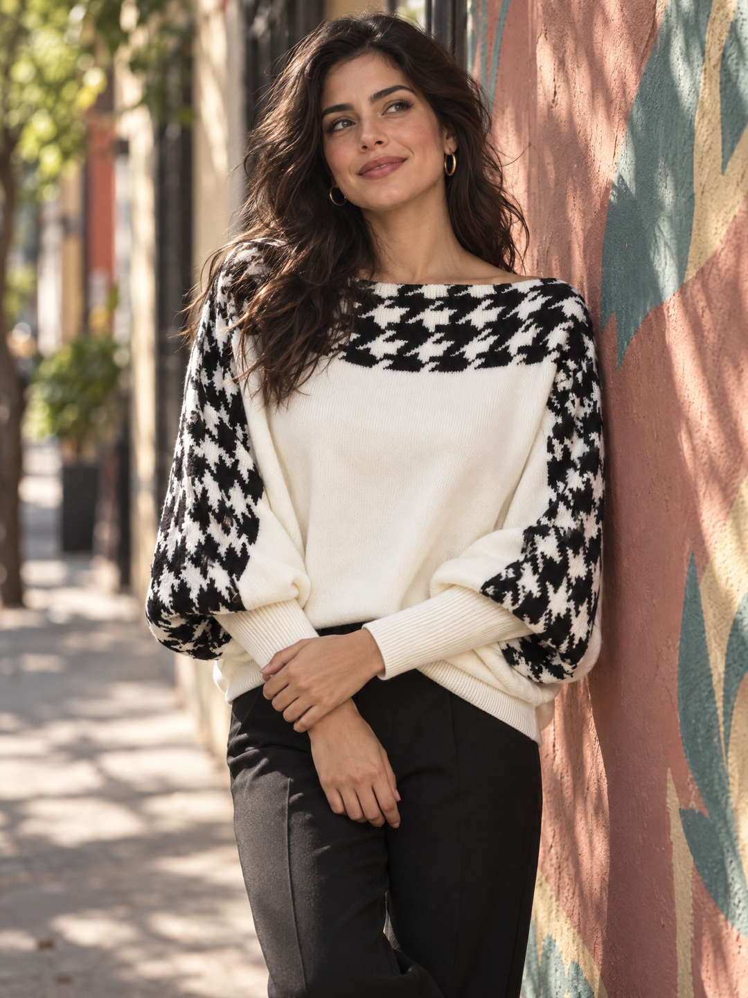 Houndstooth Batwing Knit Sweater