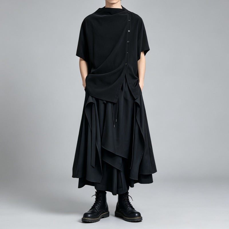 Japanese Loose Shirt and Asymmetrical Skirt-Pants Two-piece Set