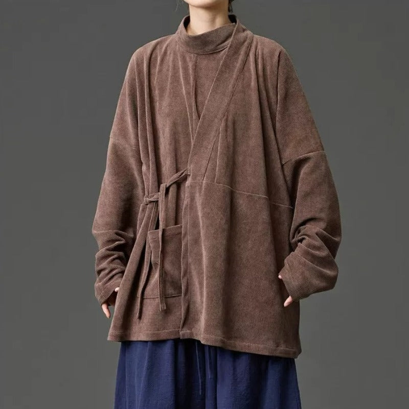 Corduroy Curved Collar Diagonal Placket Loose Hanfu Cardigan