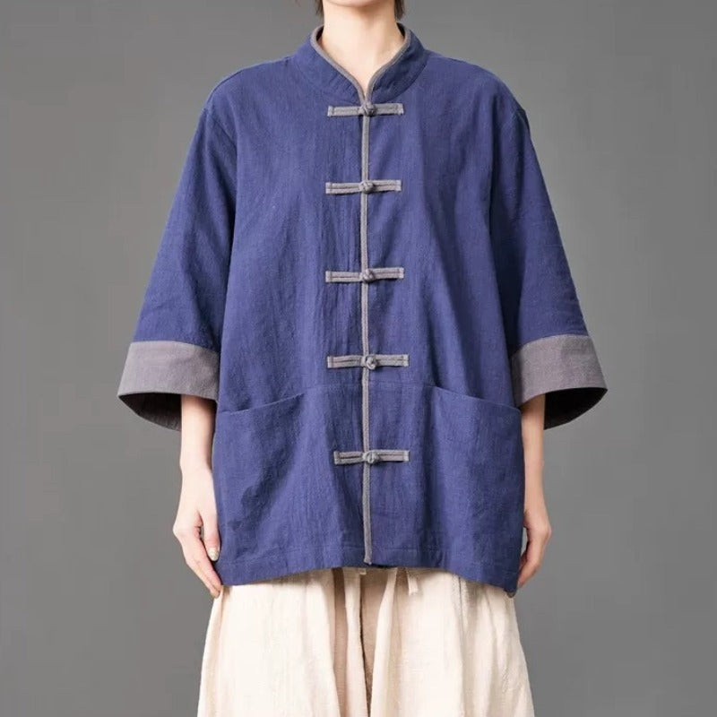 Cotton Linen Three Quarter Sleeve Frog Button Taichi Shirt