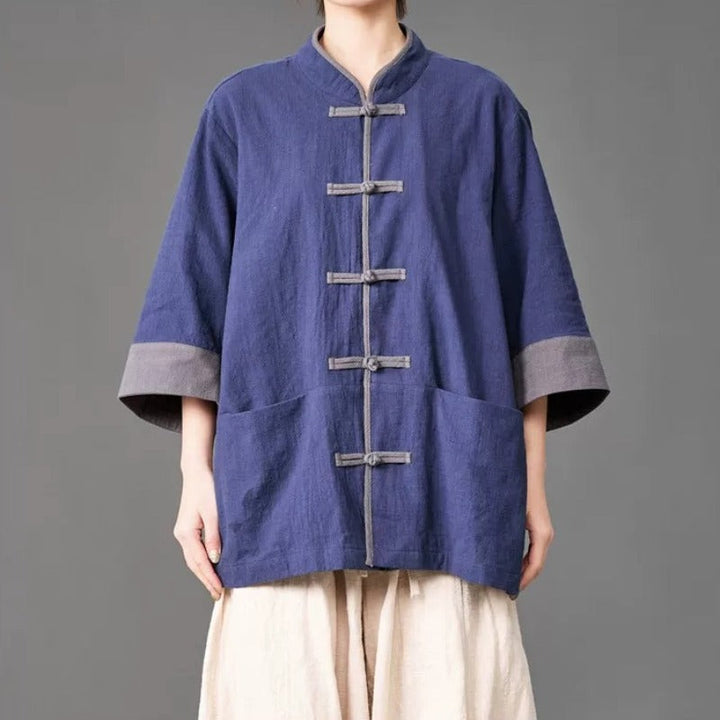 Cotton Linen Three Quarter Sleeve Frog Button Taichi Shirt