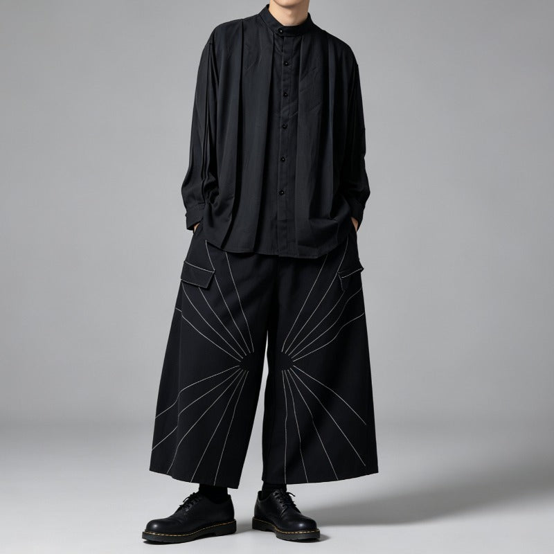 Japanese Draped Loose Long Sleeve Shirt Contrast Line High-waist Loose Wide-leg Pants Two-piece Set