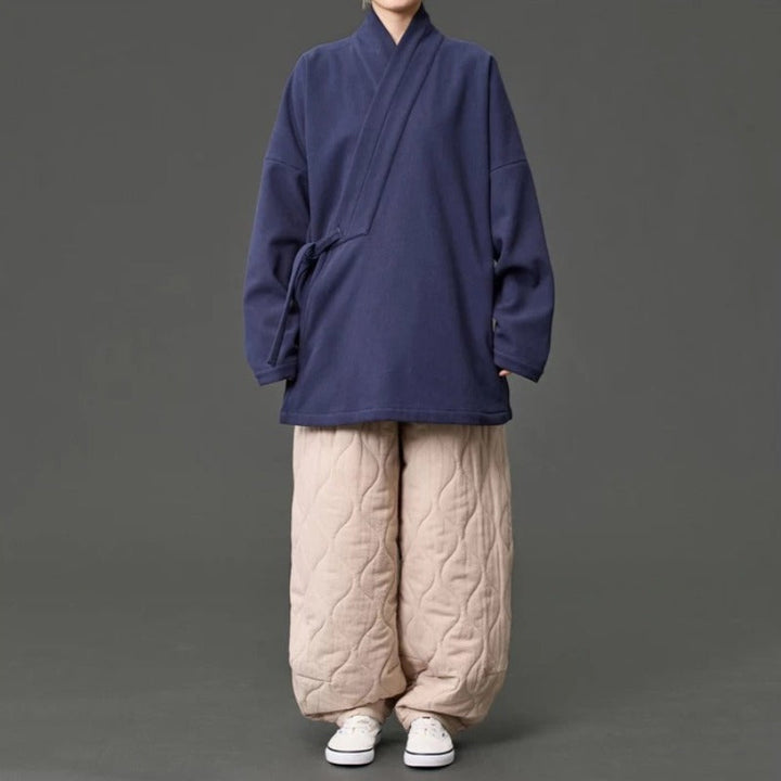 Fleece Lined Diagonal Placket Loose Hanfu Cardigan