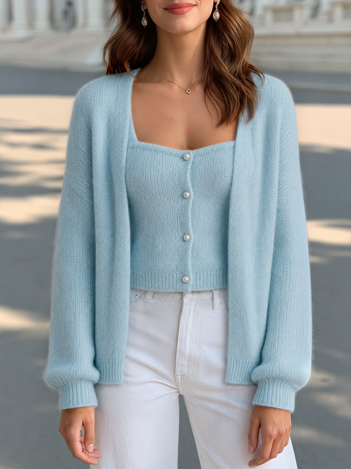 Pearl Button Knit Camisole &amp; Cardigan Sweater Set