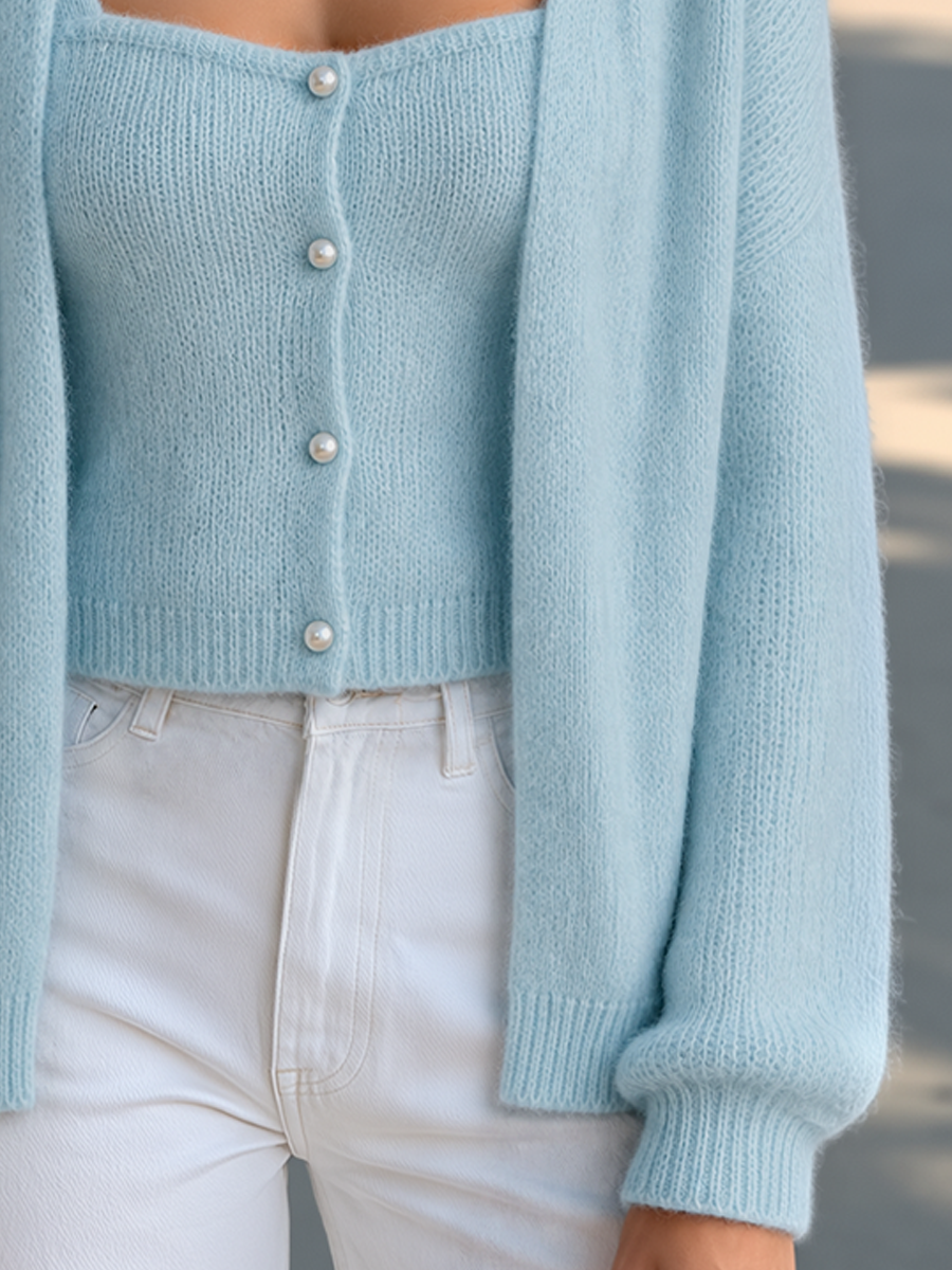 Pearl Button Knit Camisole &amp; Cardigan Sweater Set