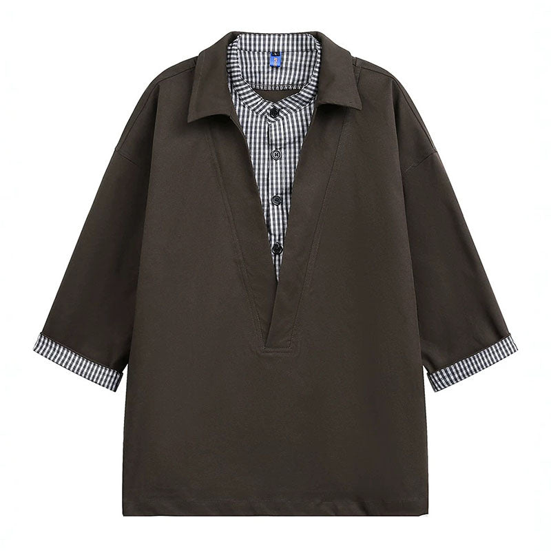 Japanese Plaid Paneled Layered Three Quarter Sleeve Shirt