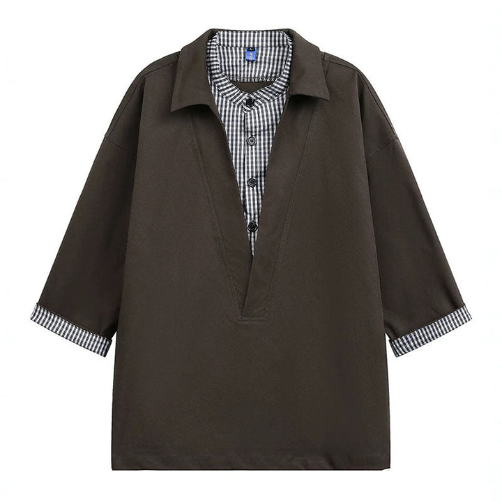 Japanese Plaid Paneled Layered Three Quarter Sleeve Shirt