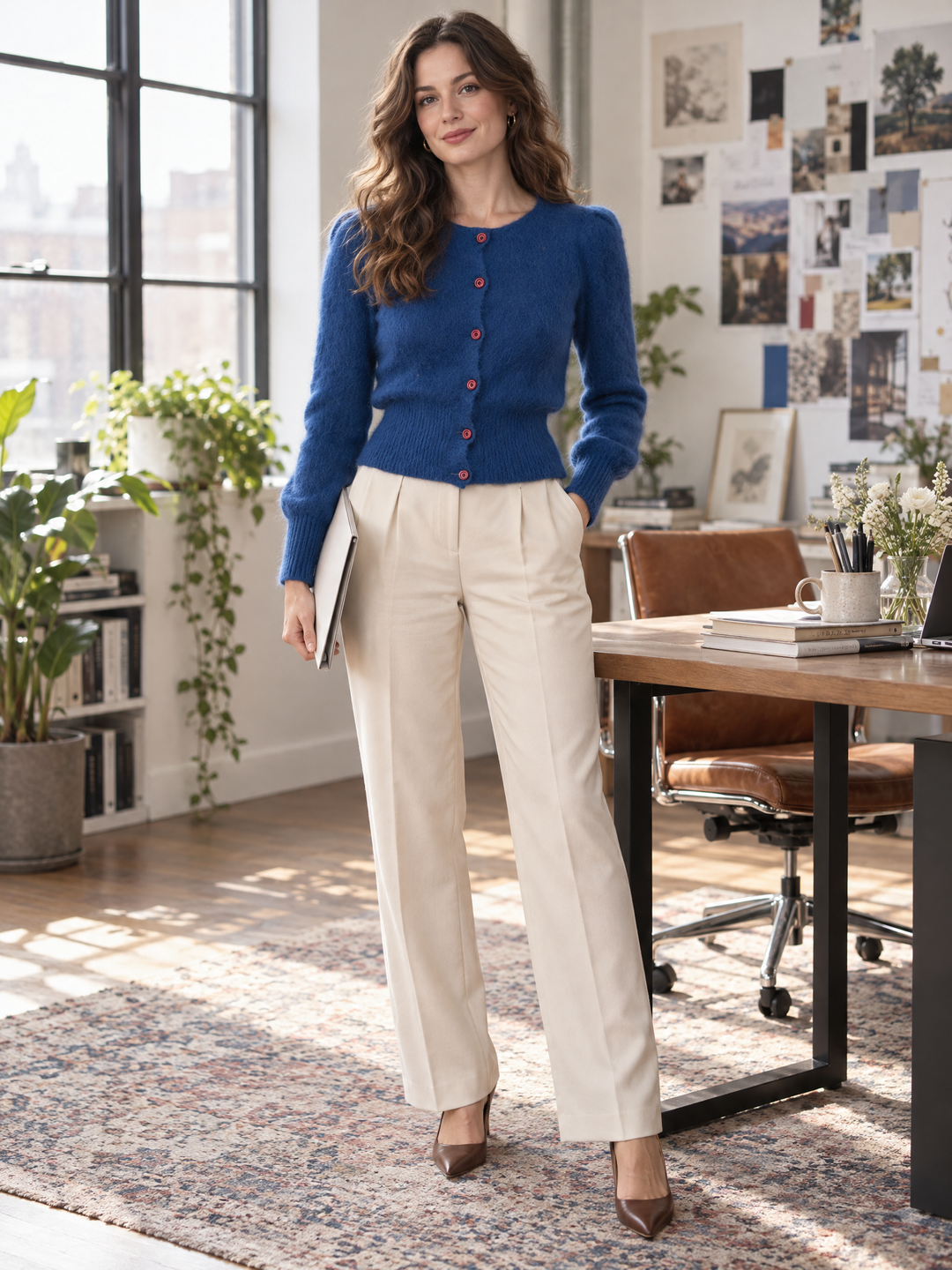 Elegant Rose Button Fuzzy Knit Waist-Defining Cardigan