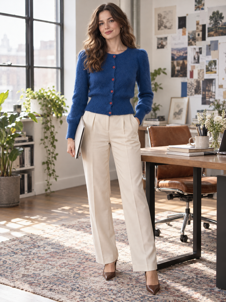 Elegant Rose Button Fuzzy Knit Waist-Defining Cardigan