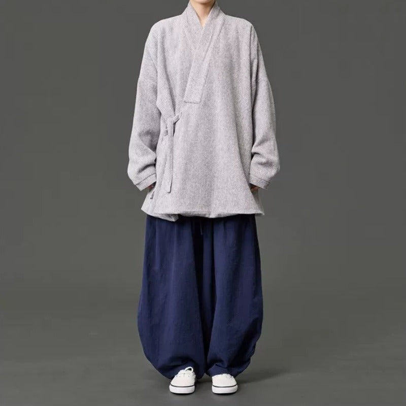Loose Woolen Cross Front Hanfu Kimono Coat