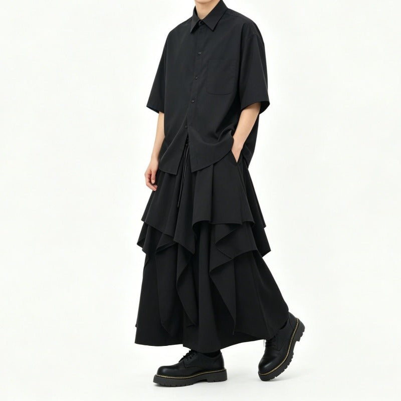 Japanese High-waist Asymmetrical Ruffle Wide-leg Skirt-pants