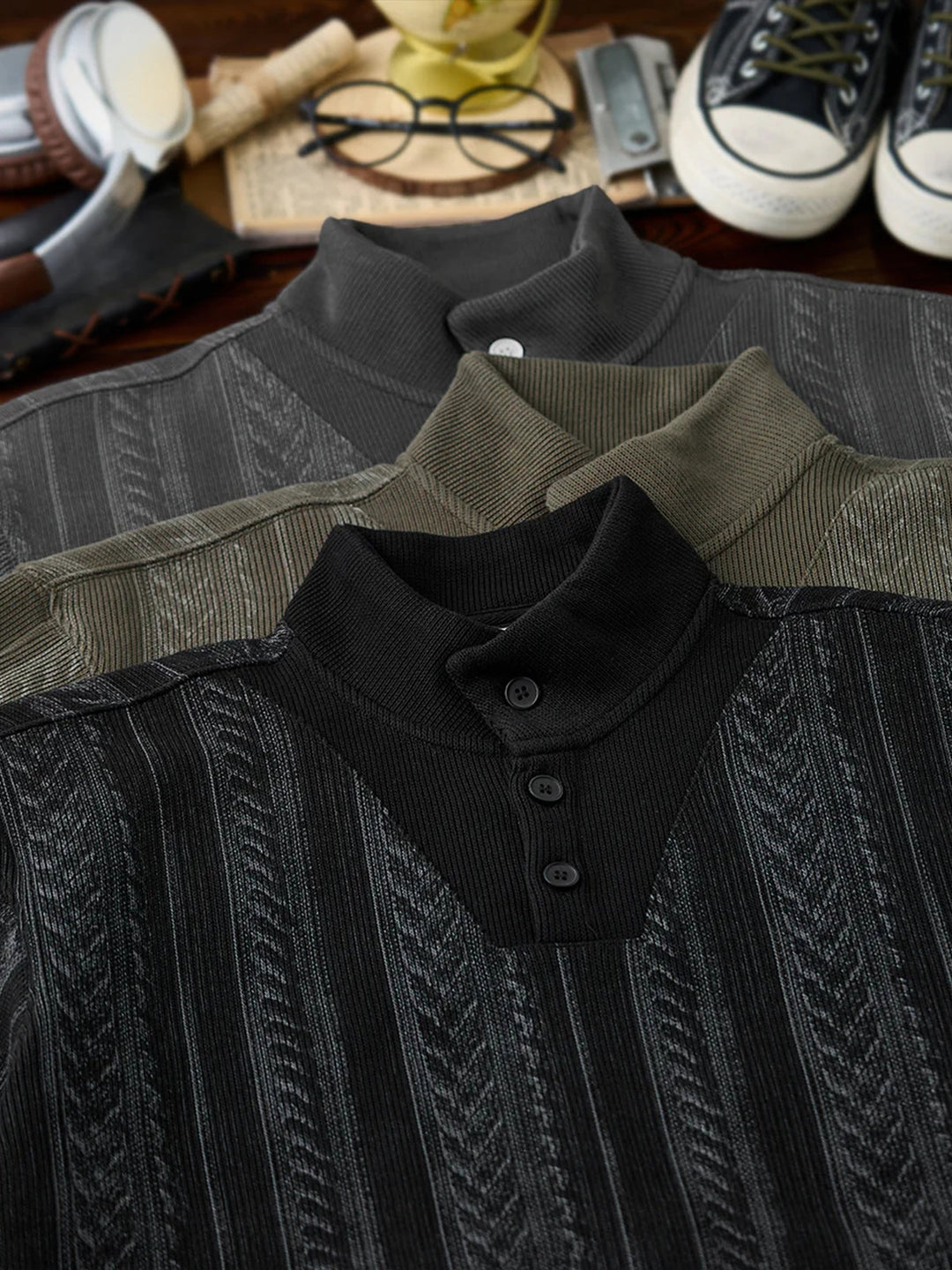 3-Button High-Neck Jacquard Knit Sweatshirt