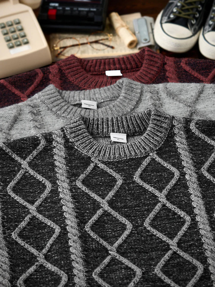 Crew Neck Sweater with Diamond Cable Knit Pattern
