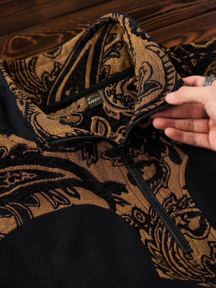 Paisley Pattern Mixed Material Western Half-Zip Fleece Pullover
