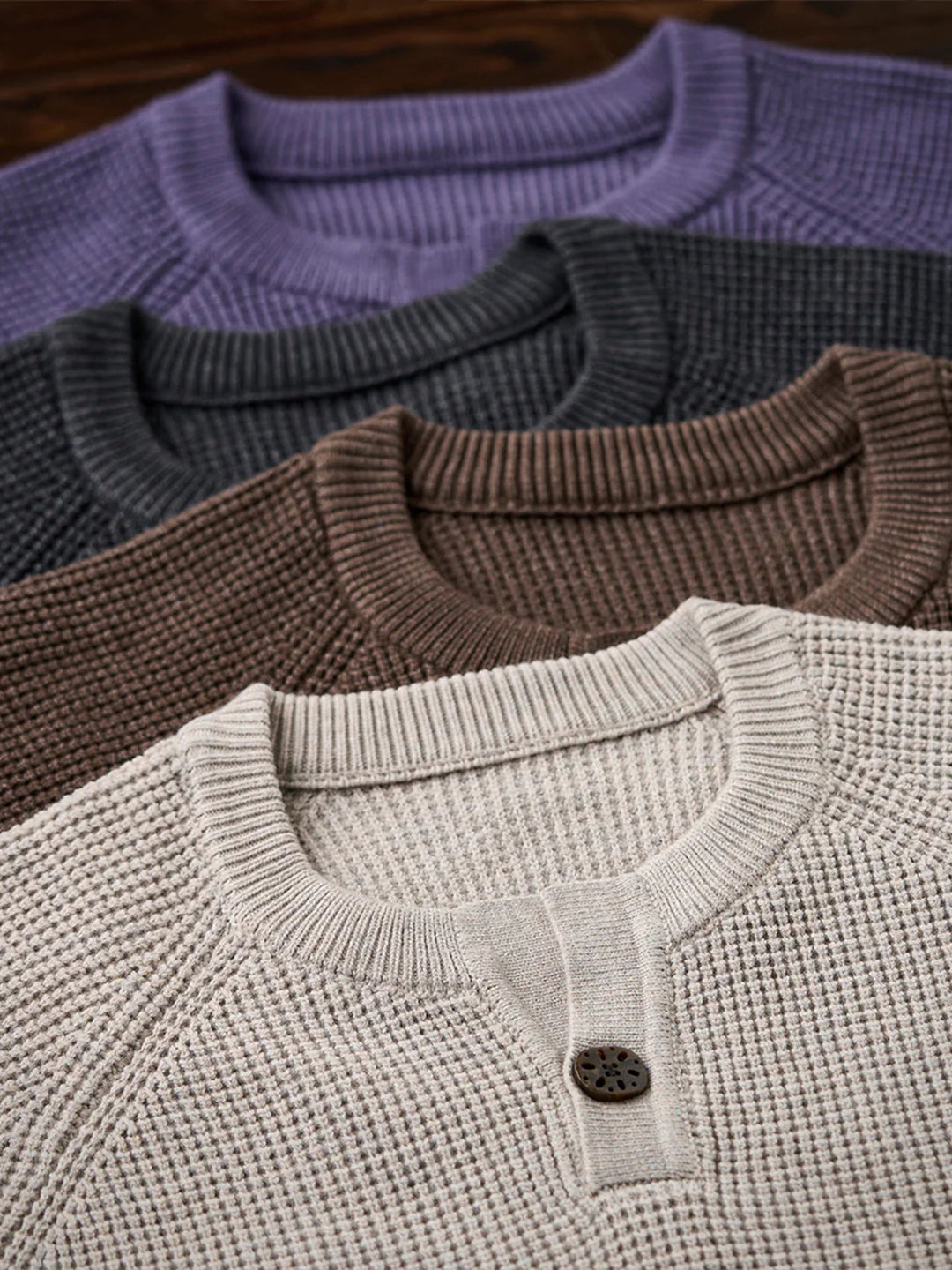 Heavyweight Mini-Waffle Henley Knit Sweater