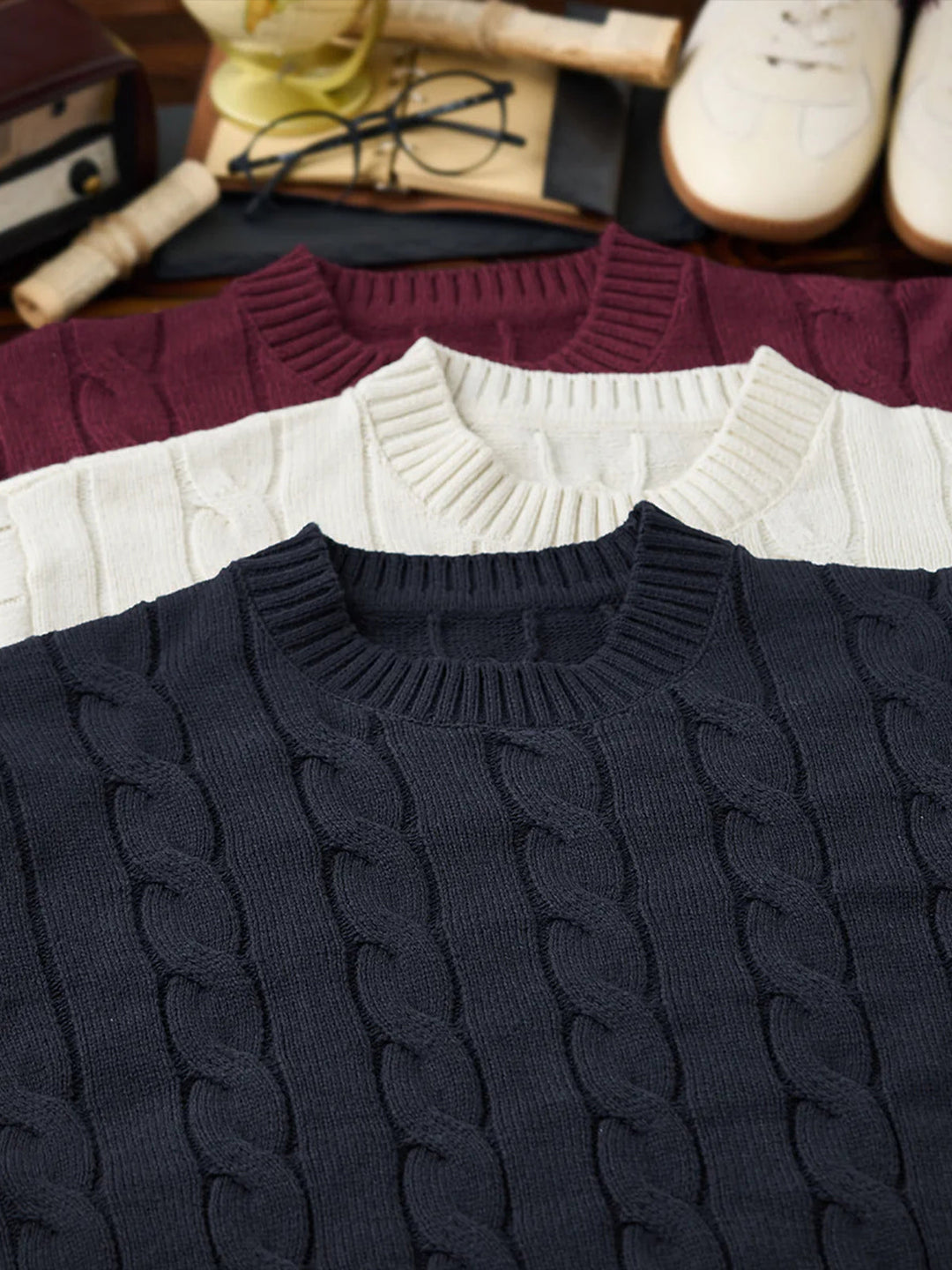 Wool-Blend Cable Knit Crewneck Sweater