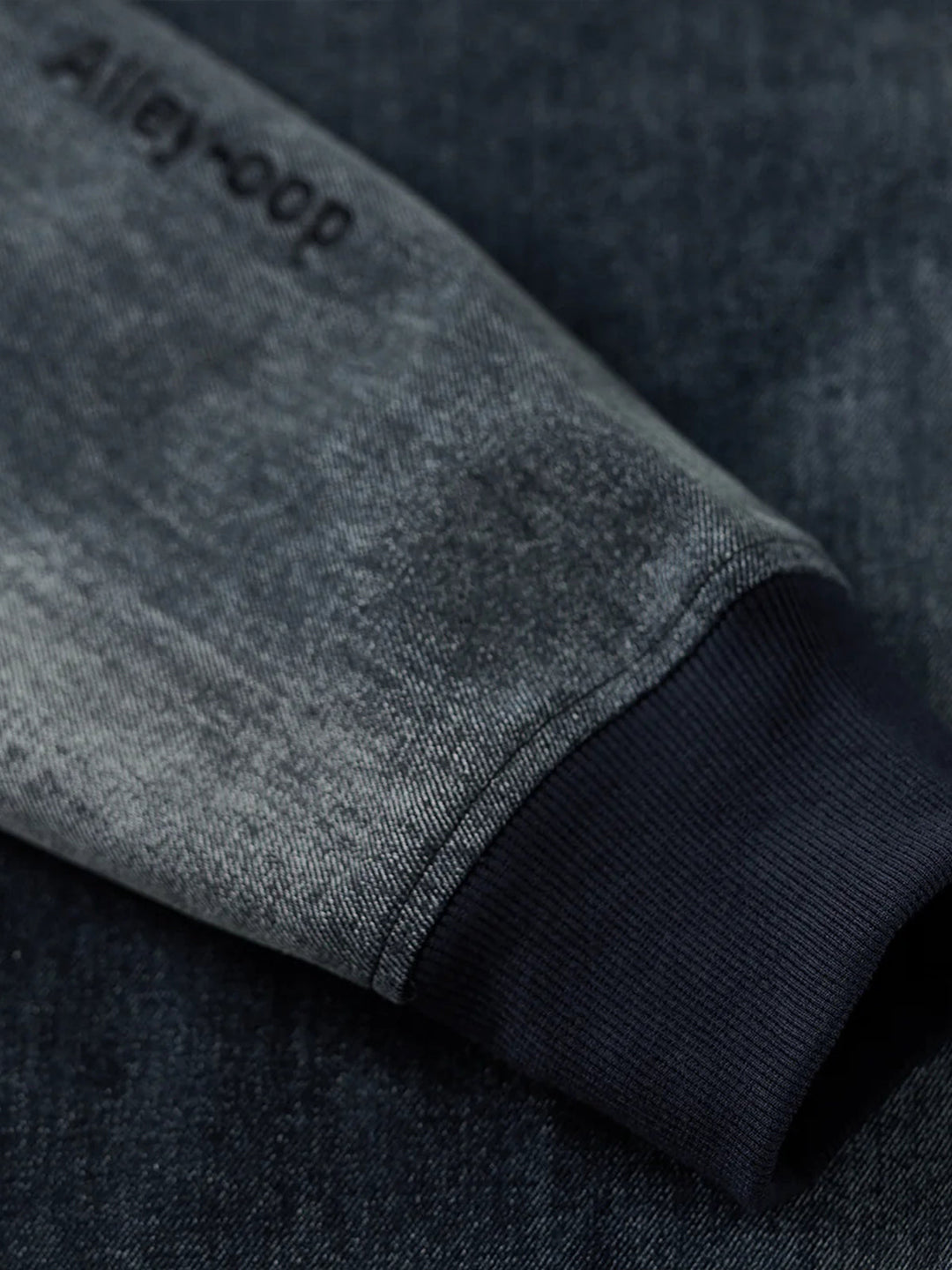 “Alley-oop” Sleeve Embroidery V-Gusset Stone-Washed Denim Sweatshirt