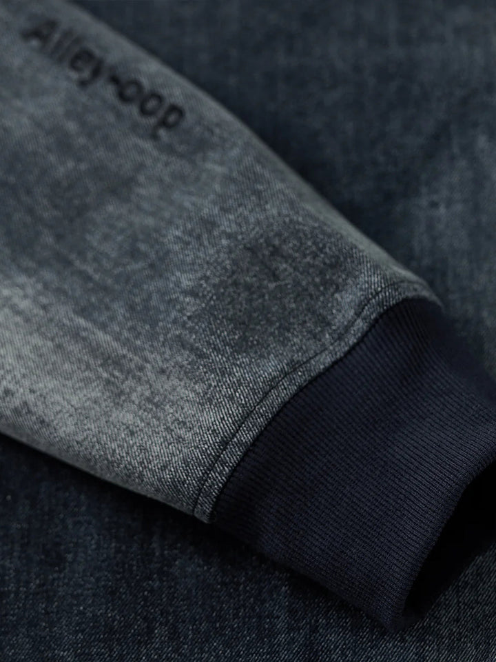 “Alley-oop” Sleeve Embroidery V-Gusset Stone-Washed Denim Sweatshirt