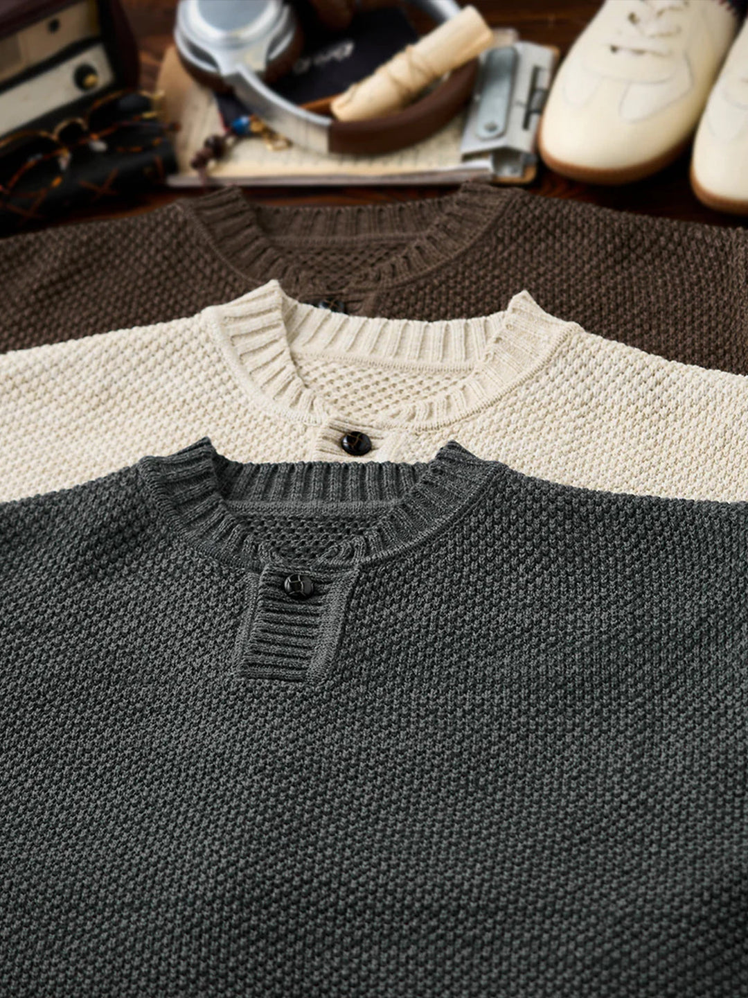 Heavyweight Pineapple Pile Henley Neck Knit Sweater