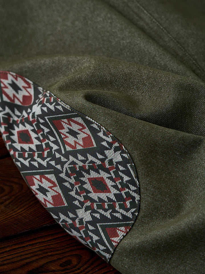 “KaraKu” Logo Embroidered Half-Zip Denim Sweatshirt with Navajo-Style Lining &amp; Elbow Patches