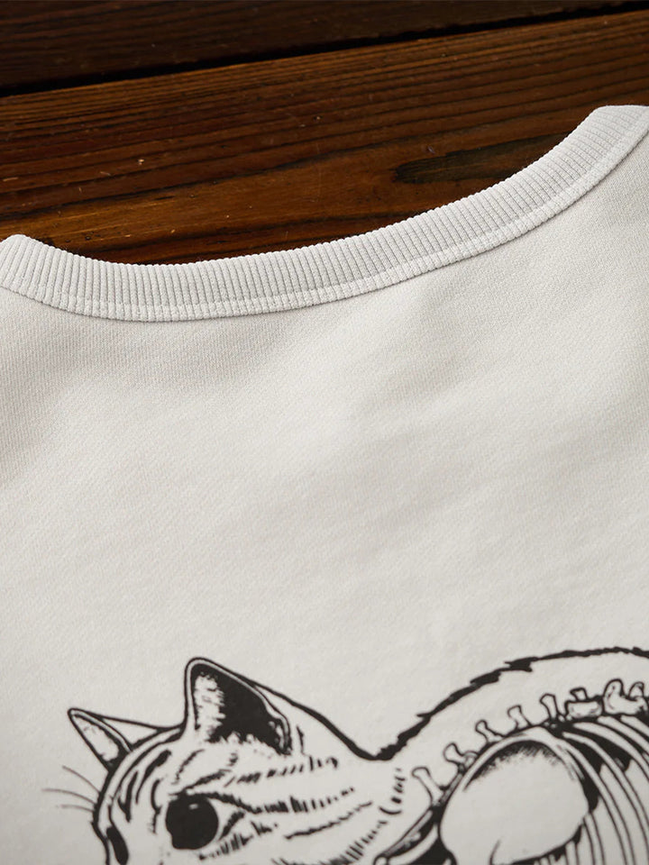 "Skeleton-Visible Cat" Print Back-Pile Cotton V-Gusset Sweatshirt
