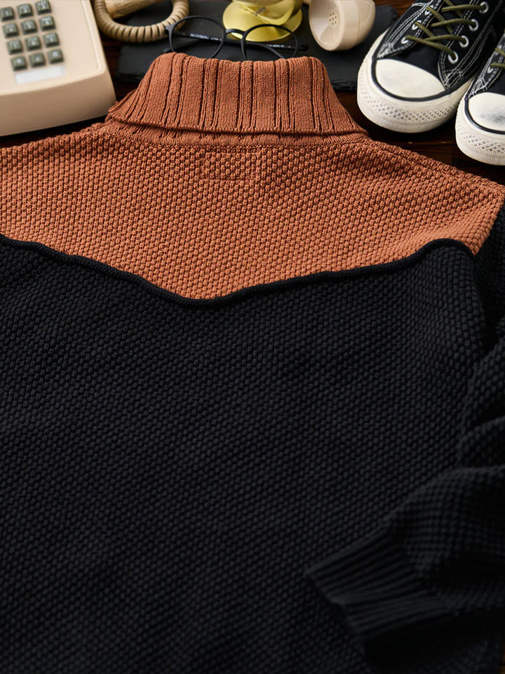 Colorblock Turtleneck Pineapple Knit Sweater with Leather Tag