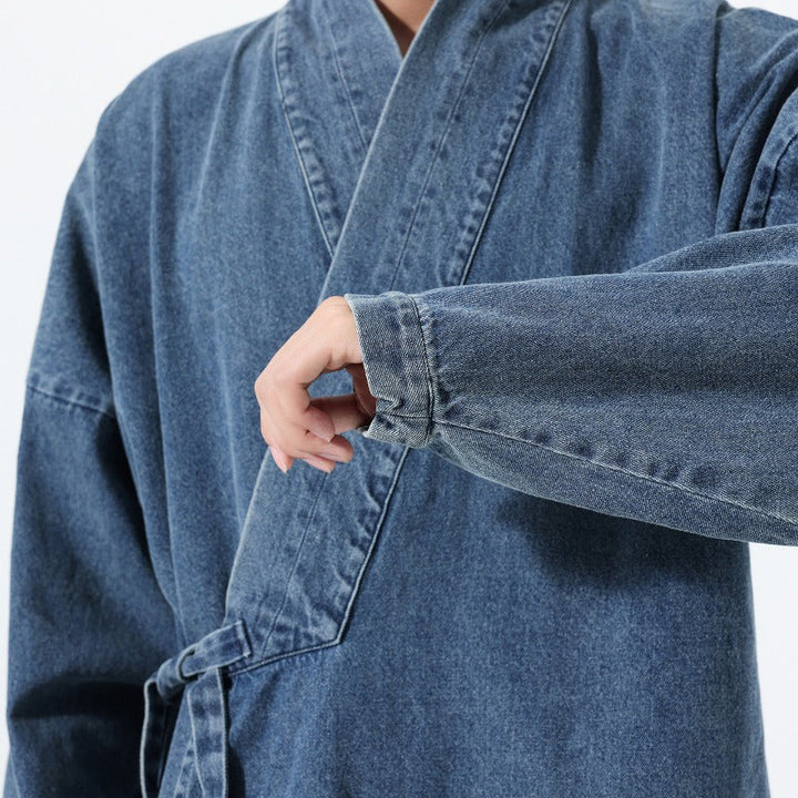 Vintage Washed Denim Cross Front Kimono Coat