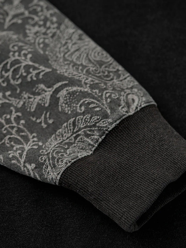Washed Sweatshirt with Paisley Denim Sleeves &amp; V-Gusset Detail