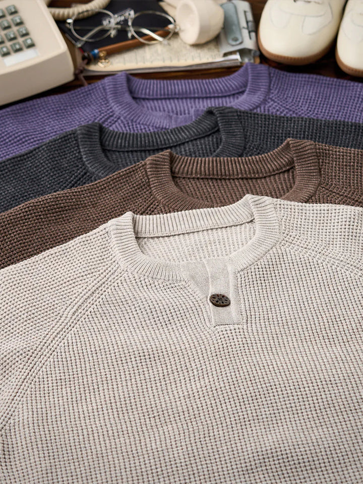 Heavyweight Mini-Waffle Henley Knit Sweater