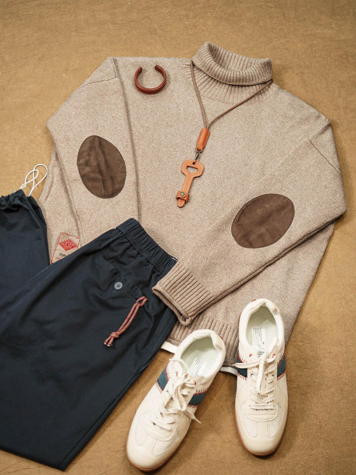 Elbow Patch Turtleneck Fancy Knit Sweater