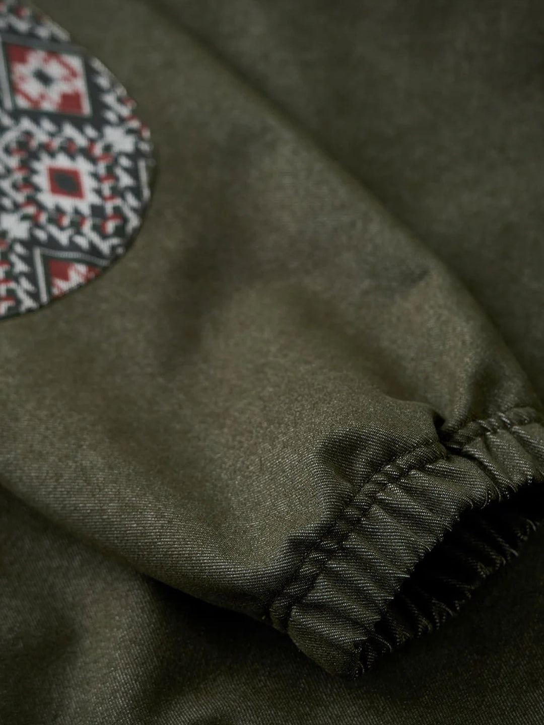 “KaraKu” Logo Embroidered Half-Zip Denim Sweatshirt with Navajo-Style Lining &amp; Elbow Patches