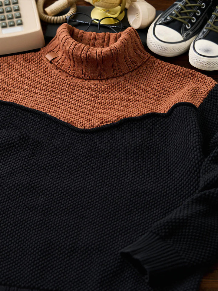 Colorblock Turtleneck Pineapple Knit Sweater with Leather Tag