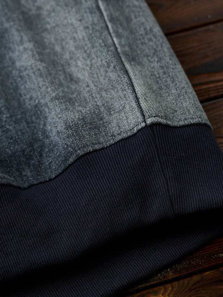 “Alley-oop” Sleeve Embroidery V-Gusset Stone-Washed Denim Sweatshirt