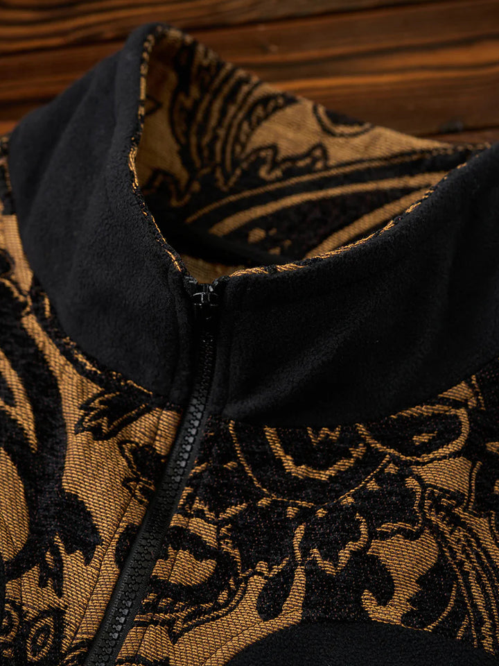 Paisley Pattern Mixed Material Western Half-Zip Fleece Pullover