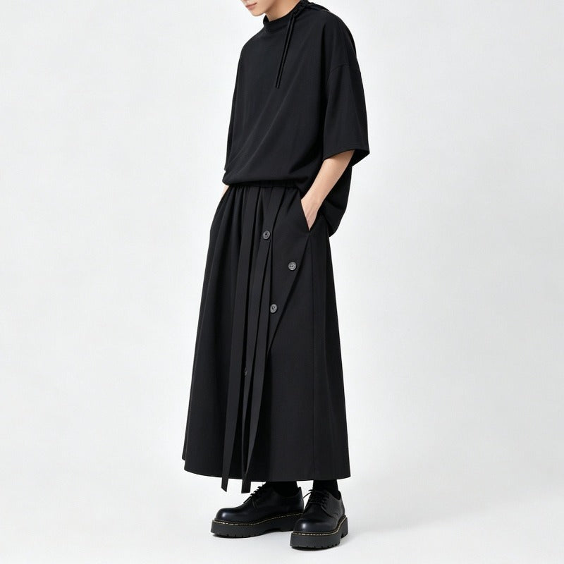 Japanese Loose Half Sleeve T-shirt High-waist Patchwork Wide-leg Skirt-pants Two-piece Set