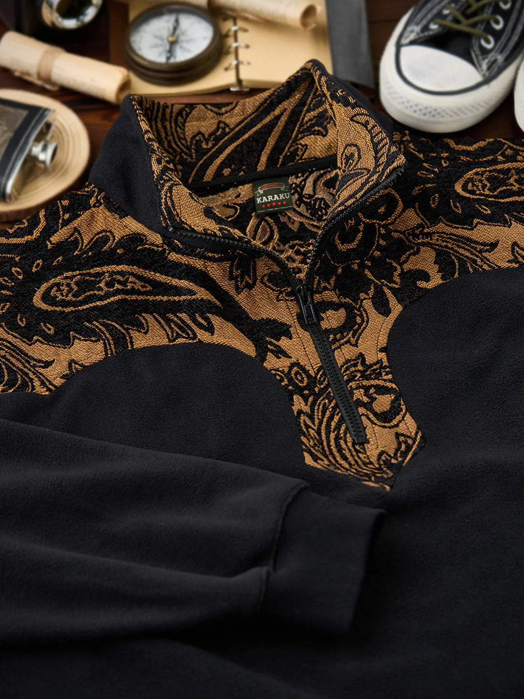 Paisley Pattern Mixed Material Western Half-Zip Fleece Pullover